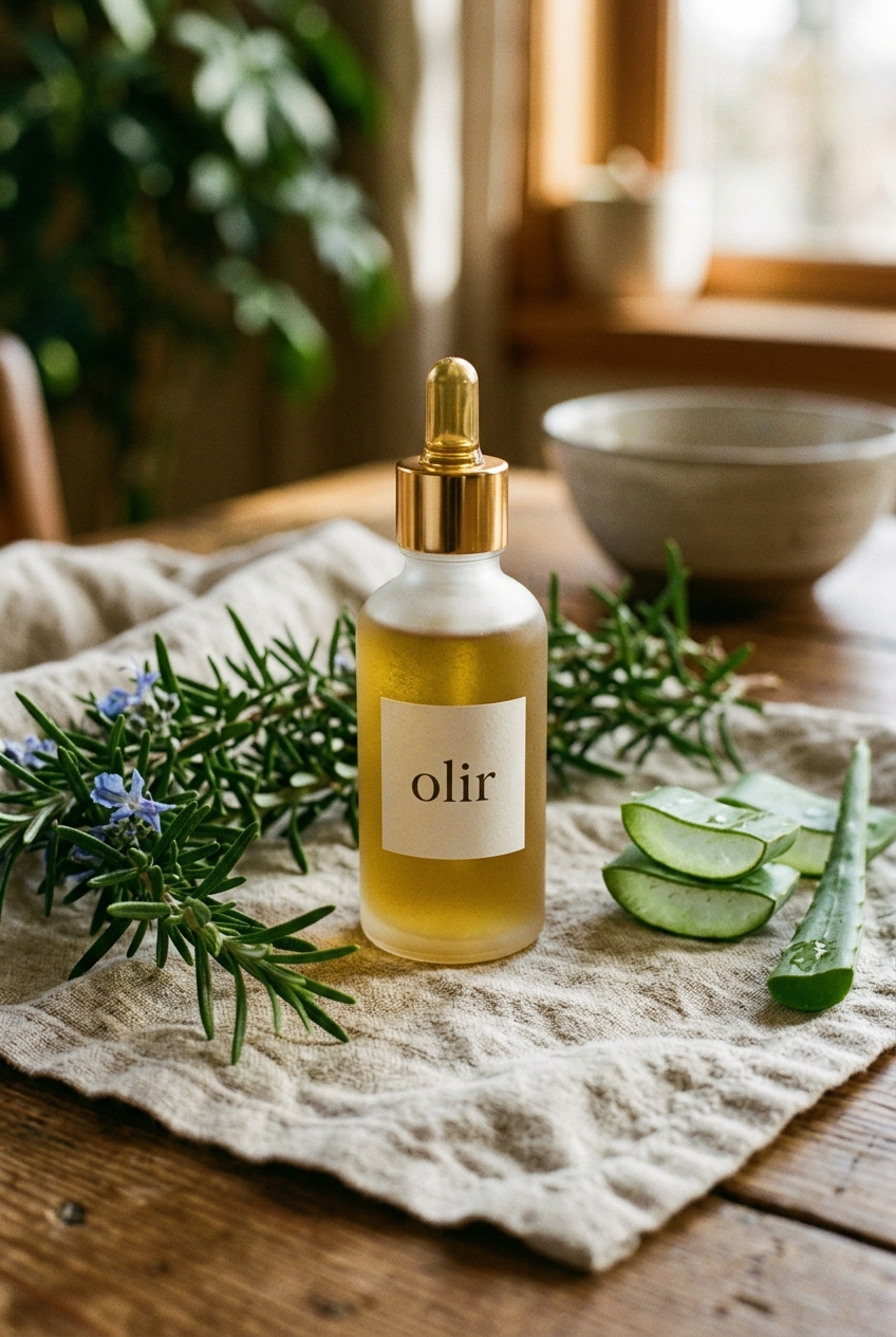 The full Olir sample bottle, styled with rosemary, olive leaves and aloe